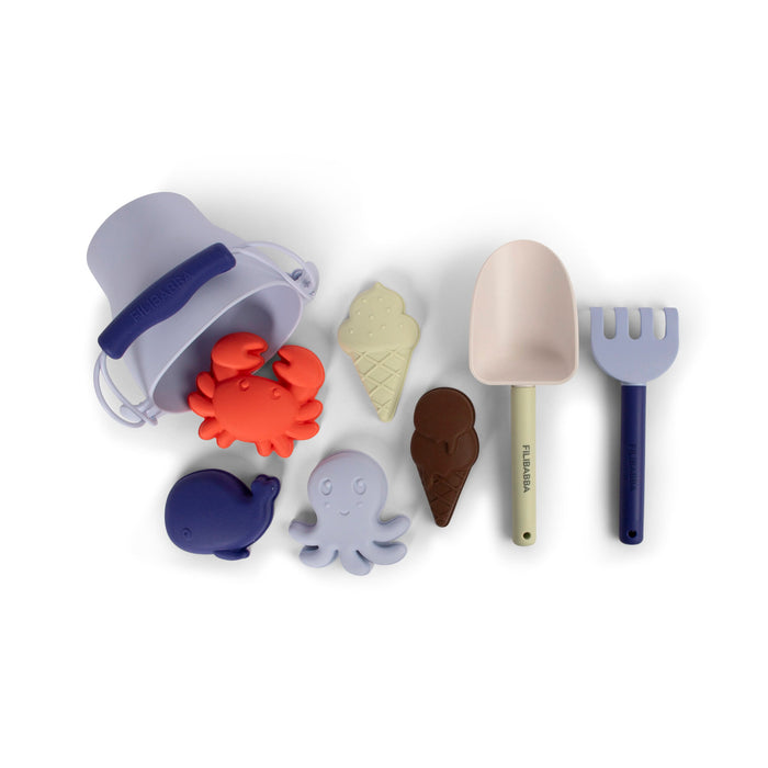 Set da Spiaggia in Silicone FILIBABBA con Secchiello, Paletta, Rastrello e Formine