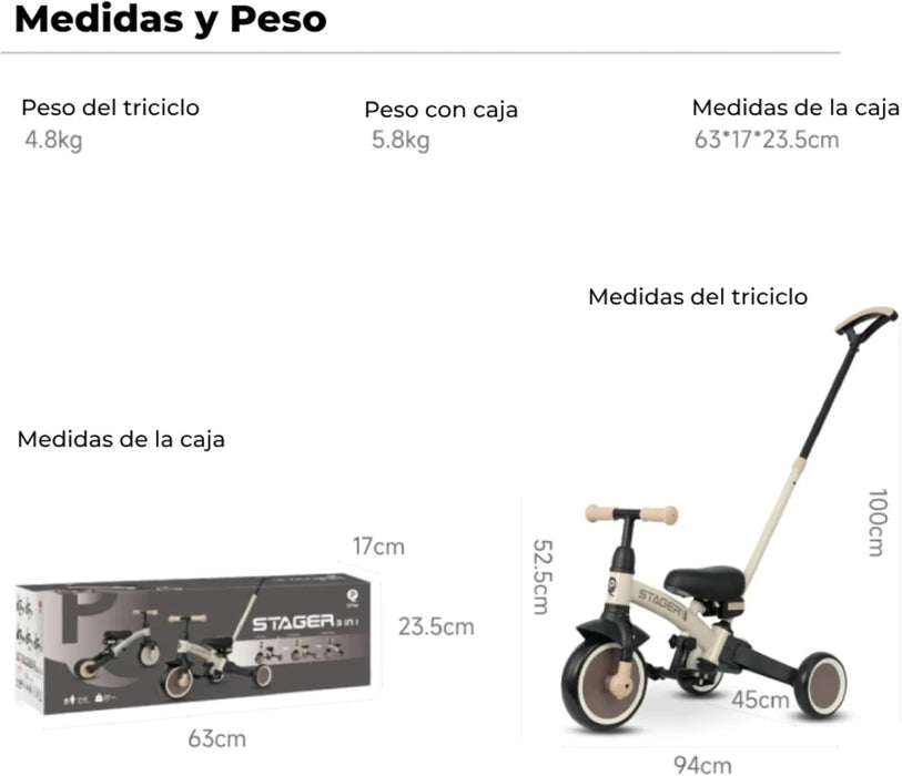 Qplay Triciclo Evolutivo Trike Stager | Bicicletta di equilibrio 2 in 1 con barra di spinta per neonati e bambini piccoli | Ideale da 1 a 4 anni