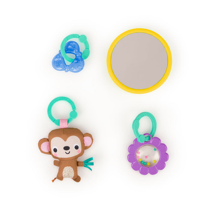 Bright Starts, Palestrina multiattivita' Palm Party, 4 giocattoli inclusi, arco giochi amovibile, 3 modalita' di gioco, leggera e da trasportare, Dal neonato in su