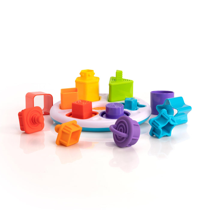 Fat Brain Toys Plugzy Gioco educativo sensoriale Impila e Incastra, 6 diverse forme e colori da abbinare tra loro, con cappuccio in silicone alimentare, diversi modi di giocare, adatto dai 10 mesi