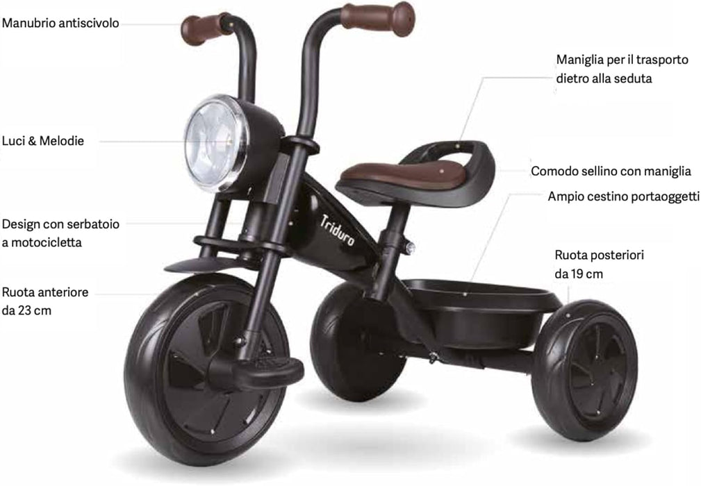 Qplay Triciclo Triduro | Triciclo Classico per bambini QPLAY Triduro a Motocicletta, Sella Regolabile, 12-48 Mesi, maniglie antiscivolo, stabile ed elegante, portata 25 kgi | Ideale da 1 a 4 anni
