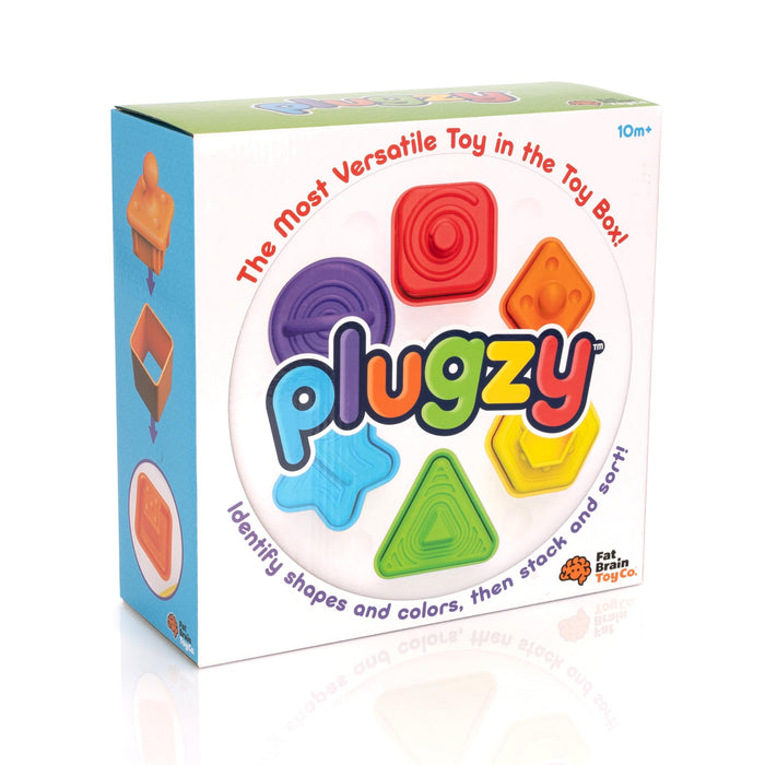 Fat Brain Toys Plugzy Gioco educativo sensoriale Impila e Incastra, 6 diverse forme e colori da abbinare tra loro, con cappuccio in silicone alimentare, diversi modi di giocare, adatto dai 10 mesi