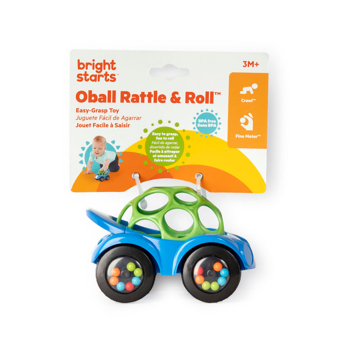 Bright Starts Oball Easy Grasp Rattle & Roll Giocattolo sportivo per auto BPA-Free per bambini che gattonano, 1 confezione, a partire dai 3 mesi, blu/verde