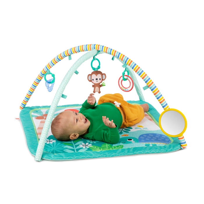 Bright Starts, Palestrina multiattivita' Palm Party, 4 giocattoli inclusi, arco giochi amovibile, 3 modalita' di gioco, leggera e da trasportare, Dal neonato in su