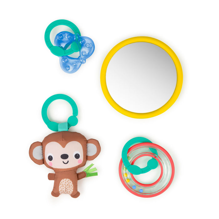 Bright Starts, Palestrina multiattivita' Palm Party, 4 giocattoli inclusi, arco giochi amovibile, 3 modalita' di gioco, leggera e da trasportare, Dal neonato in su