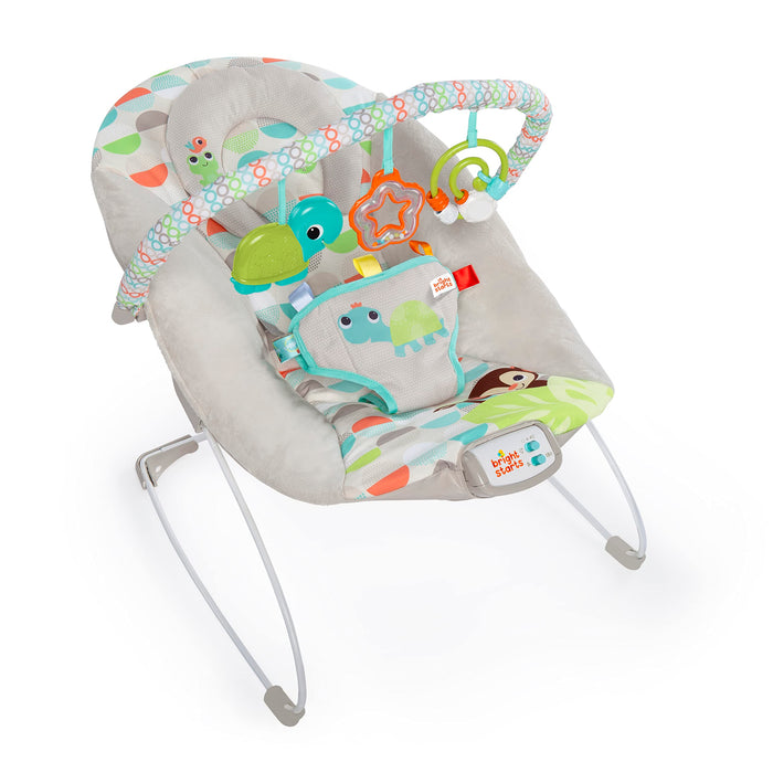 Bright Starts Seggiolino Vibrante Rilassante per Neonati - Taggies, Musica, Barra Giocattoli Rimovibile, 0-6 Mesi Fino a 9 kg (Happy Safari)