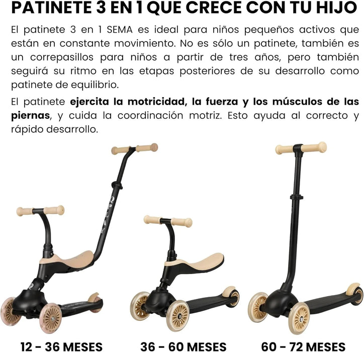 Qplay SEMA Monopattino 3 in 1 per bambini, Monopattino evolutivo, Modalità a spinta del genitore, Manubrio Regolabile, Ruote in Gomma, Freno Posteriore, 36-72 Mesi