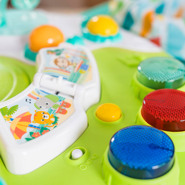 Bright Starts, Tavolo e Centro Attività Around We Go Tropic Cool con Luci e Suoni, 10 Giochi di Attività, Girello Musicale, Sedile Girevole, Sviluppo Motorio, Verde, dai 6 Mesi+