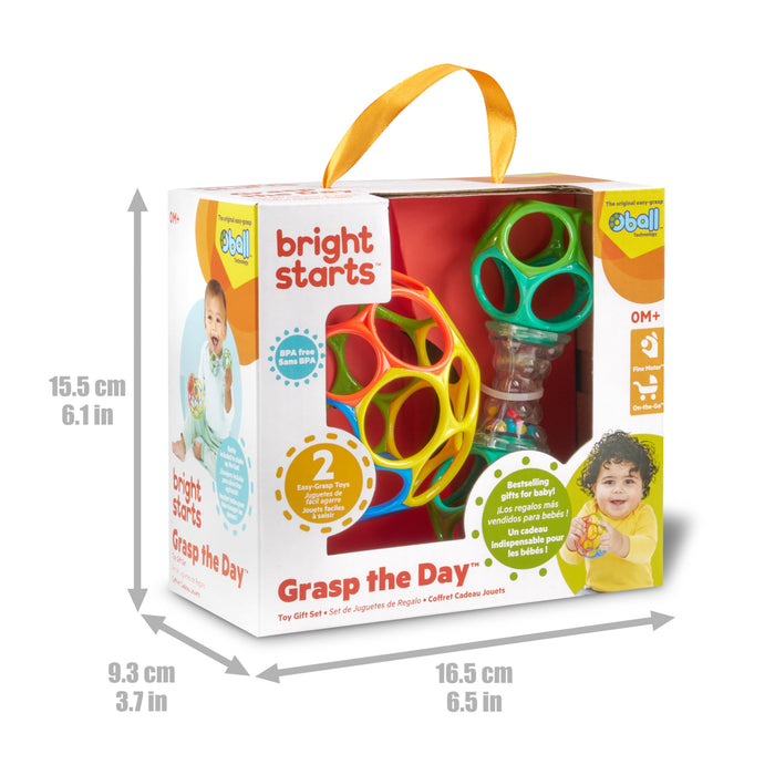 Bright Starts, Set Regalo con Giocattoli Oball Facili da afferrare - Grasp The Day, Confezione da 2 Giocattoli con Pallina e sonaglio, privi di BPA, Unisex, 0+ Mesi
