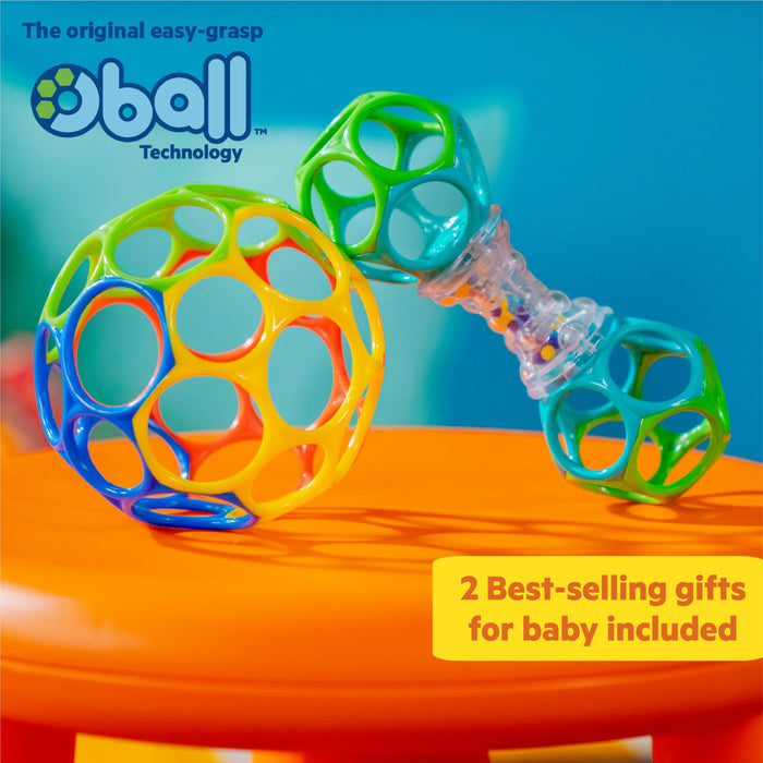 Bright Starts, Set Regalo con Giocattoli Oball Facili da afferrare - Grasp The Day, Confezione da 2 Giocattoli con Pallina e sonaglio, privi di BPA, Unisex, 0+ Mesi