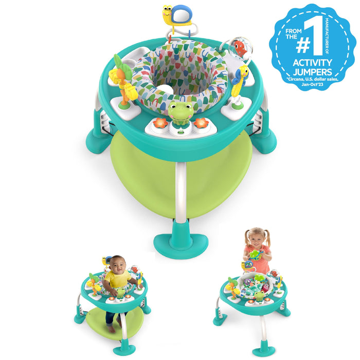 Bright Starts, Centro Attività e Tavolo 2in1 Bounce Bounce Playful Pond - 7 Giocattoli Interattivi, Suoni e Musica, Altezza Regolabile, Seduta Ruotabile a 360°, Verde, dai 6 Mesi +