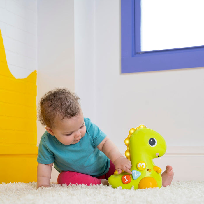 Bright Starts Go, Go, Dino Gattona e Conta, Giocattolo per Neonati - rotola, Si Illumina, Suona la Musica e Altro Ancora, dai 6 Mesi in su.
