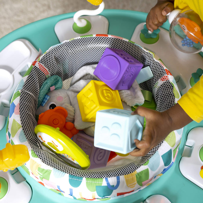 Bright Starts, Centro Attività e Tavolo 2in1 Bounce Bounce Playful Pond - 7 Giocattoli Interattivi, Suoni e Musica, Altezza Regolabile, Seduta Ruotabile a 360°, Verde, dai 6 Mesi +