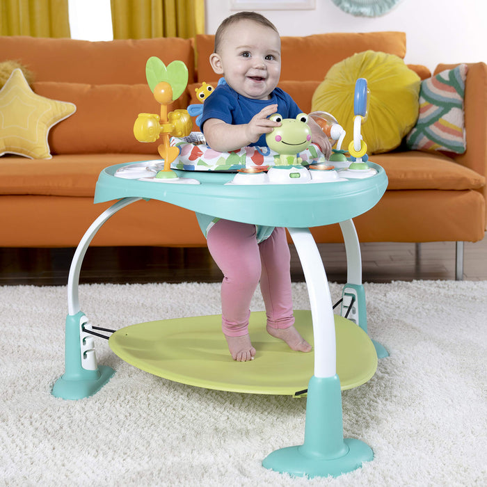 Bright Starts, Centro Attività e Tavolo 2in1 Bounce Bounce Playful Pond - 7 Giocattoli Interattivi, Suoni e Musica, Altezza Regolabile, Seduta Ruotabile a 360°, Verde, dai 6 Mesi +