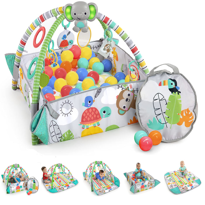 Bright Starts, Palestra di Attività Evolutiva 5in1 - 40 palline, Arco di Gioco, 7 Giocattoli Rimovibili, 20+ Min di Luci e musica, Sviluppo Motorio, da neonato a bambino - Totally Tropical