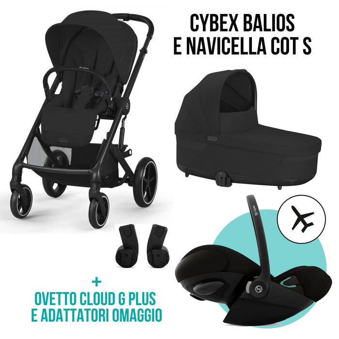 TRIO Passeggino + Navicella Cybex BALIOS S LUX Moon Black + Cloud G Plus Black reclinabile e traspirante