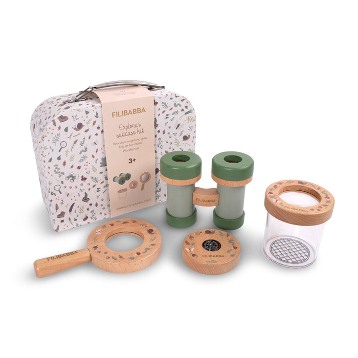 Explorer Kit Valigetta Esploratore FILIBABBA con binocolo, lente, vasetto insetti e bussola in legno con scatola