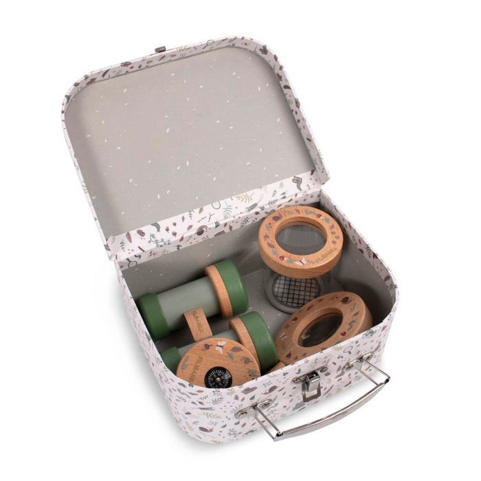 Explorer Kit Valigetta Esploratore FILIBABBA con binocolo, lente, vasetto insetti e bussola in legno con scatola