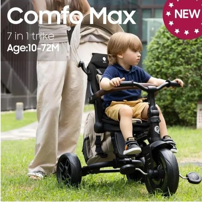 Triciclo evolutivo QPLAY Comfo Max 7 in 1 multi accessoriato, fronte strada e fronte mamma, reclinabile, adatto a bambini dai 10 ai 72 mesi, pieghevole, portata fino a 25 kg
