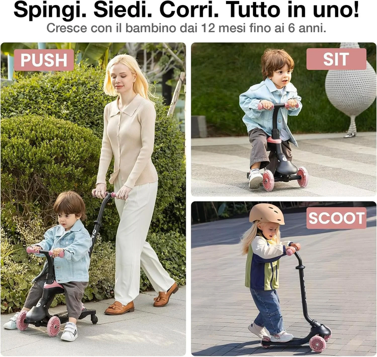 Monopattino QPLAY Sema Evo 6 in 1 con seduta, maniglione a spinta e luci a LED su ruote e pedana con funzionamento a dinamo, da 1 a 6 anni, portata massima 50 kg, pieghevole