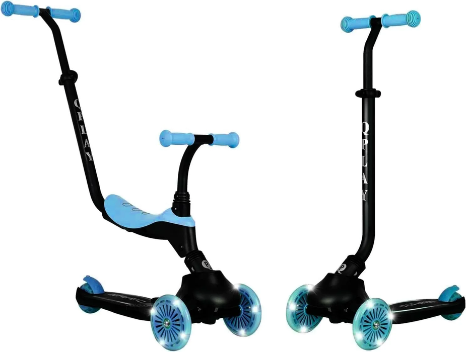 Monopattino QPLAY Sema Evo 6 in 1 con seduta, maniglione a spinta e luci a LED su ruote e pedana con funzionamento a dinamo, da 1 a 6 anni, portata massima 50 kg, pieghevole