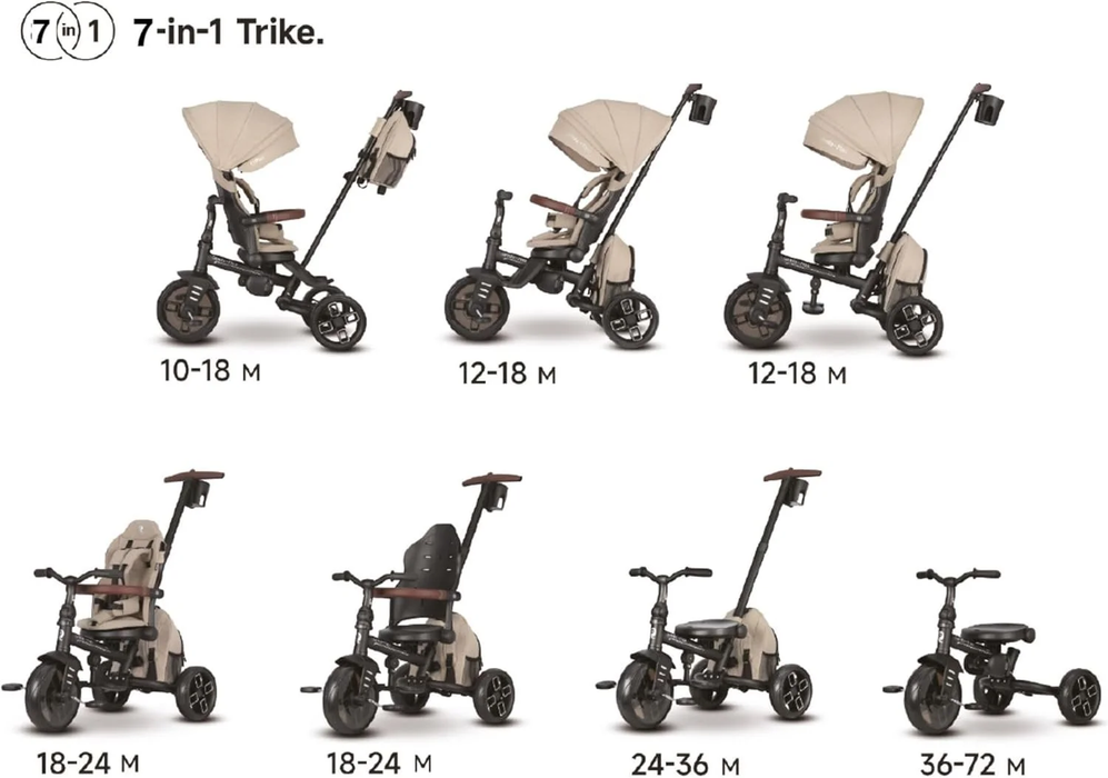 Triciclo evolutivo QPLAY Comfo Max 7 in 1 multi accessoriato, fronte strada e fronte mamma, reclinabile, adatto a bambini dai 10 ai 72 mesi, pieghevole, portata fino a 25 kg