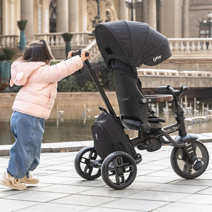 Triciclo evolutivo QPLAY Comfo Max 7 in 1 multi accessoriato, fronte strada e fronte mamma, reclinabile, adatto a bambini dai 10 ai 72 mesi, pieghevole, portata fino a 25 kg