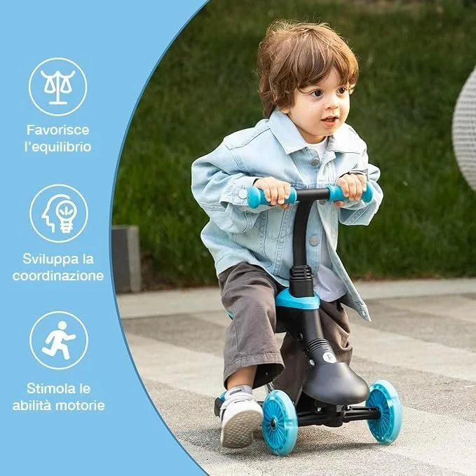 Monopattino QPLAY Sema Evo 6 in 1 con seduta, maniglione a spinta e luci a LED su ruote e pedana con funzionamento a dinamo, da 1 a 6 anni, portata massima 50 kg, pieghevole