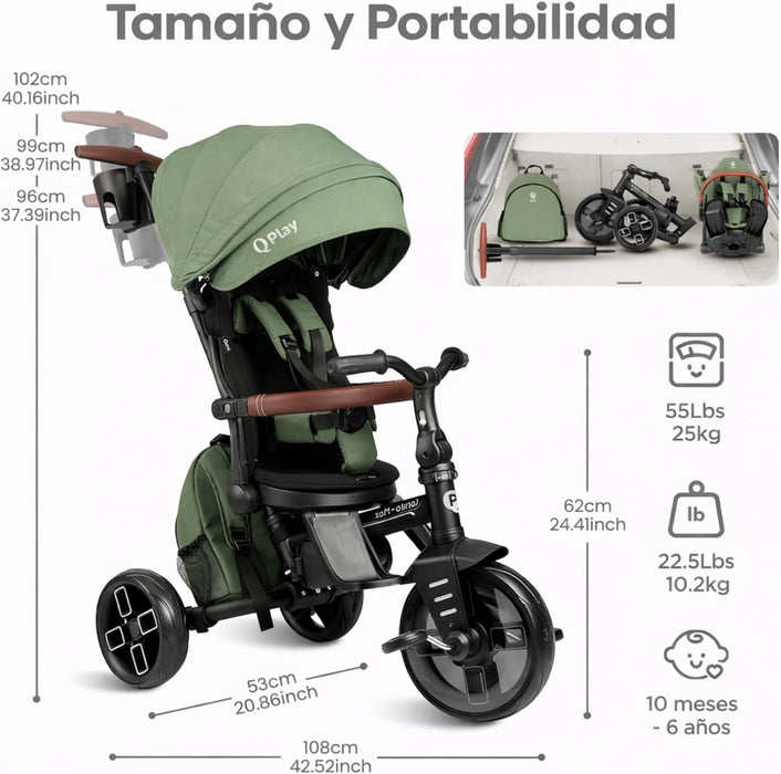 Triciclo evolutivo QPLAY Comfo Max 7 in 1 multi accessoriato, fronte strada e fronte mamma, reclinabile, adatto a bambini dai 10 ai 72 mesi, pieghevole, portata fino a 25 kg