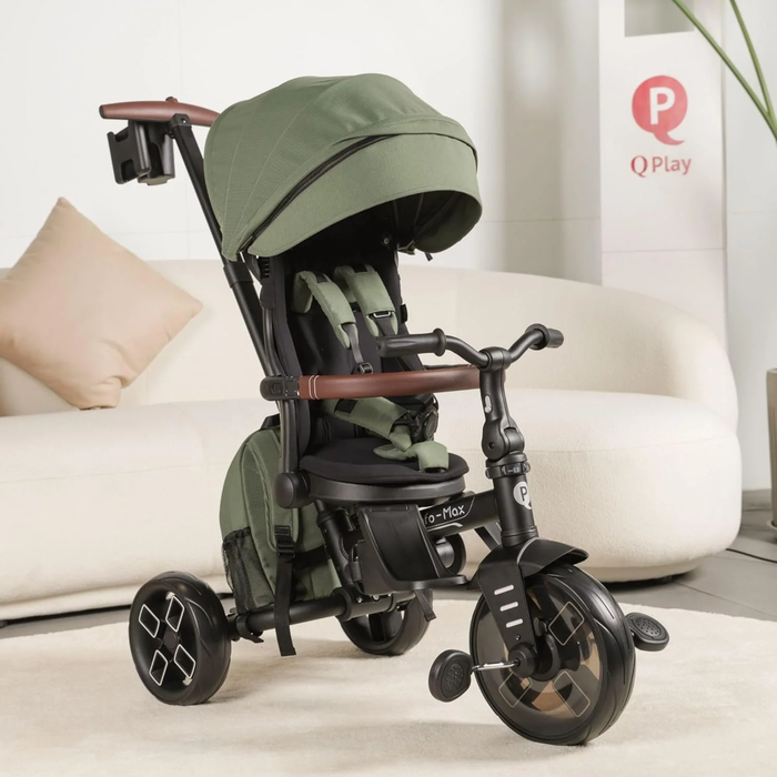 Triciclo evolutivo QPLAY Comfo Max 7 in 1 multi accessoriato, fronte strada e fronte mamma, reclinabile, adatto a bambini dai 10 ai 72 mesi, pieghevole, portata fino a 25 kg