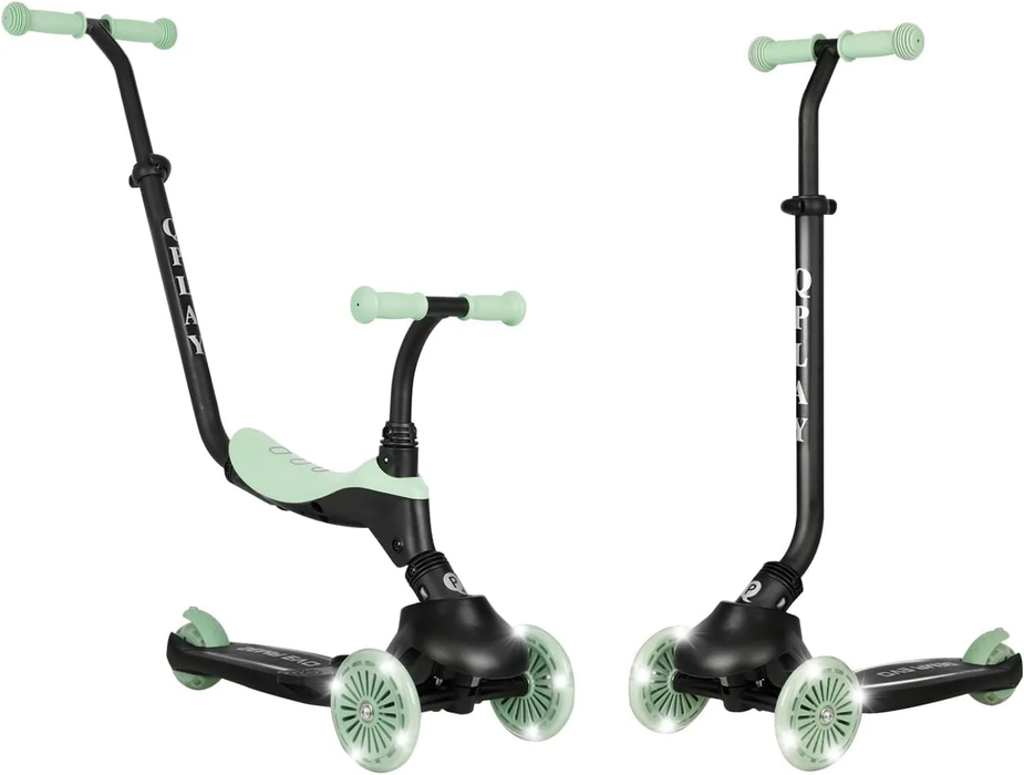 Monopattino QPLAY Sema Evo 6 in 1 con seduta, maniglione a spinta e luci a LED su ruote e pedana con funzionamento a dinamo, da 1 a 6 anni, portata massima 50 kg, pieghevole