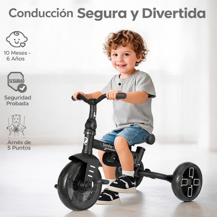 Triciclo evolutivo QPLAY Comfo Max 7 in 1 multi accessoriato, fronte strada e fronte mamma, reclinabile, adatto a bambini dai 10 ai 72 mesi, pieghevole, portata fino a 25 kg