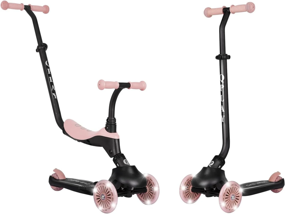 Monopattino QPLAY Sema Evo 6 in 1 con seduta, maniglione a spinta e luci a LED su ruote e pedana con funzionamento a dinamo, da 1 a 6 anni, portata massima 50 kg, pieghevole