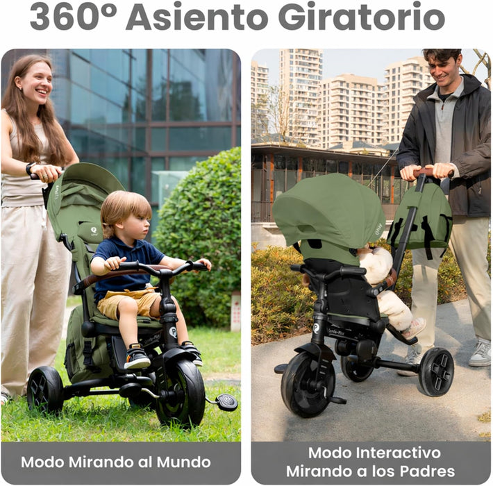 Triciclo evolutivo QPLAY Comfo Max 7 in 1 multi accessoriato, fronte strada e fronte mamma, reclinabile, adatto a bambini dai 10 ai 72 mesi, pieghevole, portata fino a 25 kg
