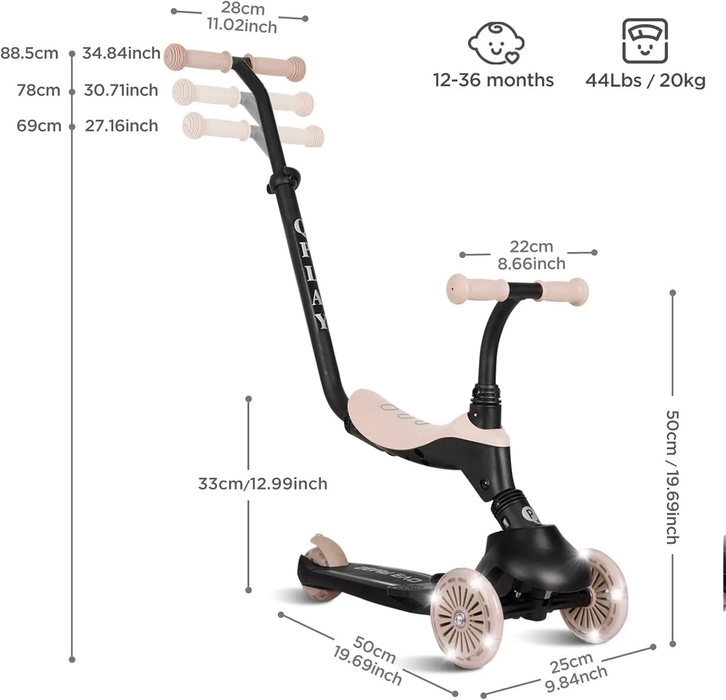 Monopattino QPLAY Sema Evo 6 in 1 con seduta, maniglione a spinta e luci a LED su ruote e pedana con funzionamento a dinamo, da 1 a 6 anni, portata massima 50 kg, pieghevole