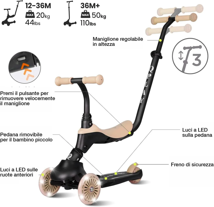 Monopattino QPLAY Sema Evo 6 in 1 con seduta, maniglione a spinta e luci a LED su ruote e pedana con funzionamento a dinamo, da 1 a 6 anni, portata massima 50 kg, pieghevole