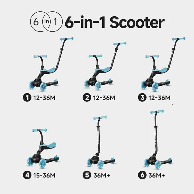 Monopattino QPLAY Sema Evo 6 in 1 con seduta, maniglione a spinta e luci a LED su ruote e pedana con funzionamento a dinamo, da 1 a 6 anni, portata massima 50 kg, pieghevole