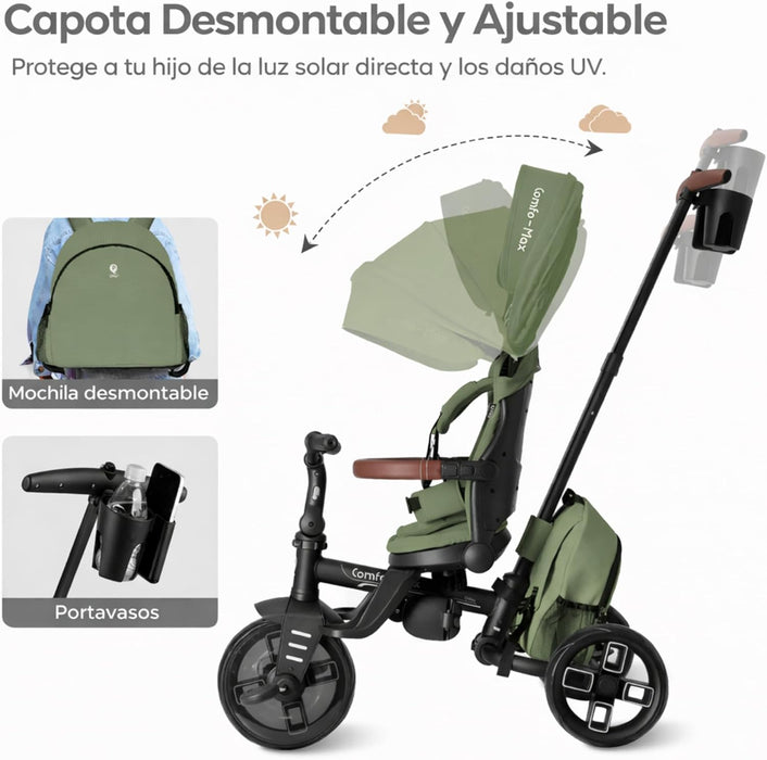 Triciclo evolutivo QPLAY Comfo Max 7 in 1 multi accessoriato, fronte strada e fronte mamma, reclinabile, adatto a bambini dai 10 ai 72 mesi, pieghevole, portata fino a 25 kg