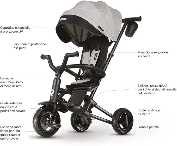 Triciclo Evolutivo QPLAY Nova Niello 6 in 1 Pieghevole, fronte strada e fronte mamma, reclinabile, adatto a bambini dai 10 ai 72 mesi, pieghevole, portata fino a 25 kg