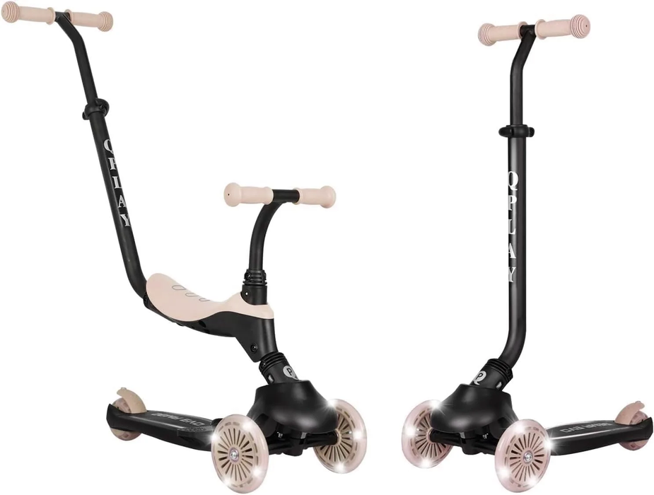 Monopattino QPLAY Sema Evo 6 in 1 con seduta, maniglione a spinta e luci a LED su ruote e pedana con funzionamento a dinamo, da 1 a 6 anni, portata massima 50 kg, pieghevole