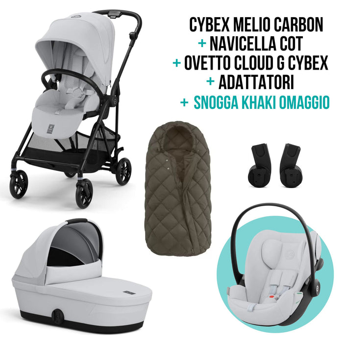 TRIO Passeggino + Navicella Cybex MELIO CARBON Fog Grey + Cloud G + SNOGGA OMAGGIO