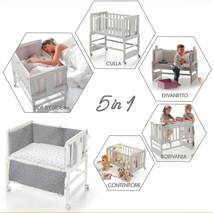 Culla Convertibile ALBA 5 in 1 Next-to-Me MIKY Double Face Star Grey/White